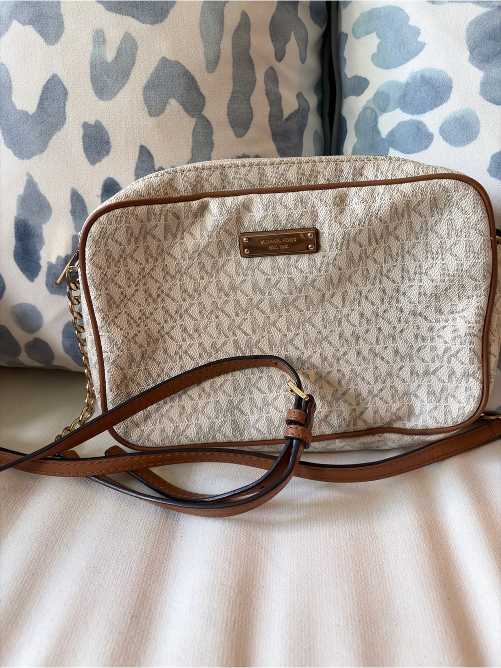 Michael Kors Cream Logo Crossbody with Brown Leather Trim
